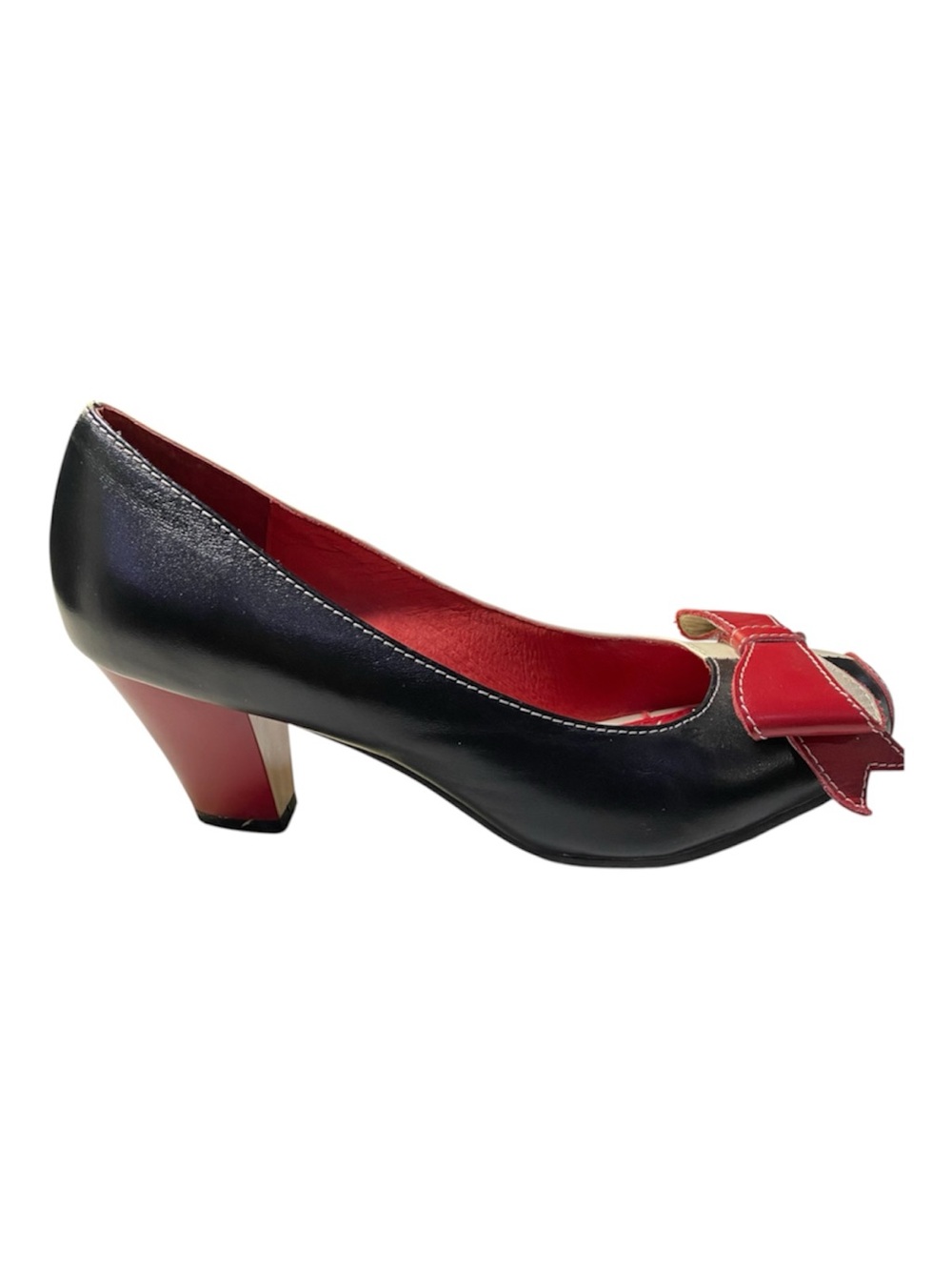 Lola Ramona Leather Shoes Pumps Size 9.5/40 Black Cream Red Bows Vintage Retro